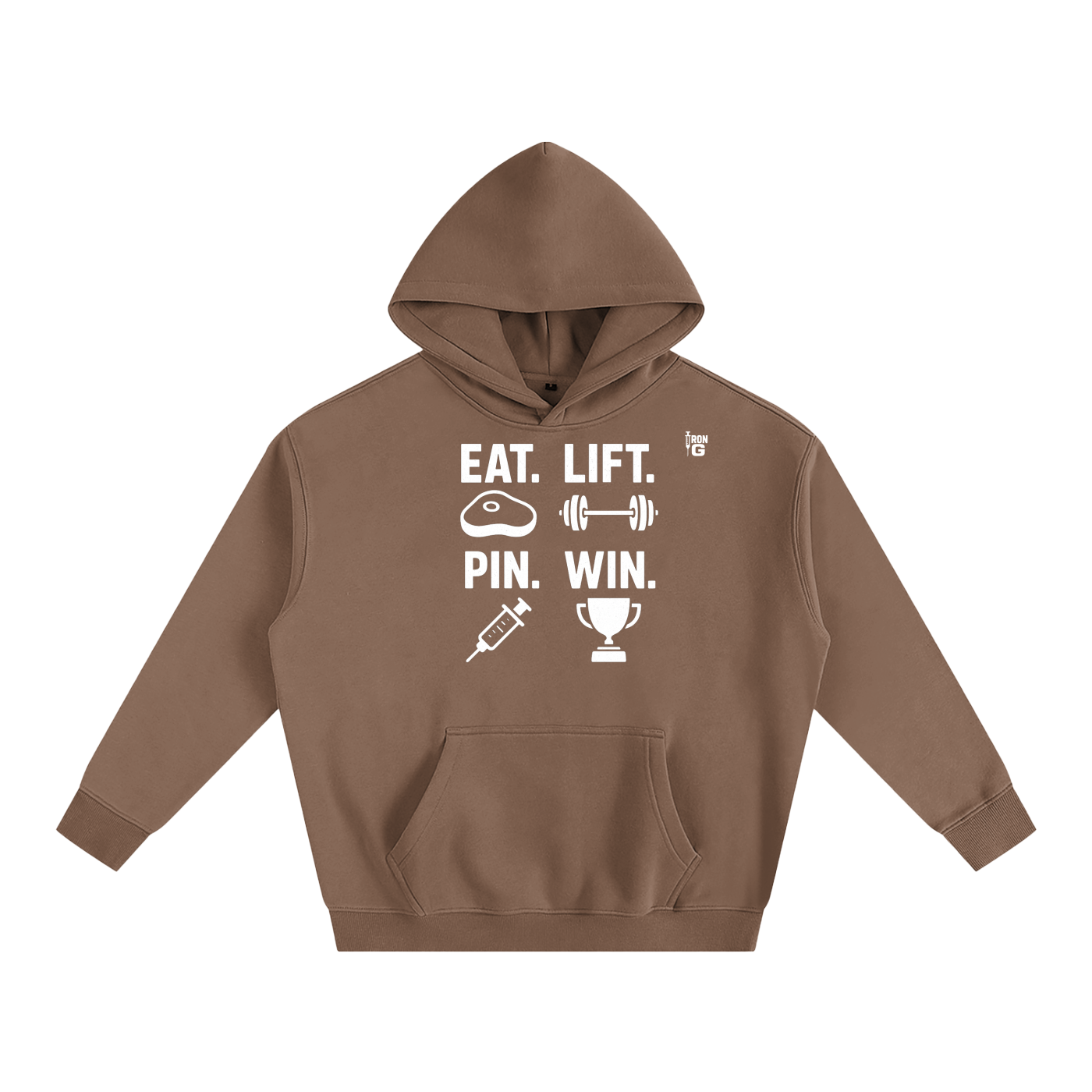 EAT LIFT PIN WIN Oversize Hoodie, white letters