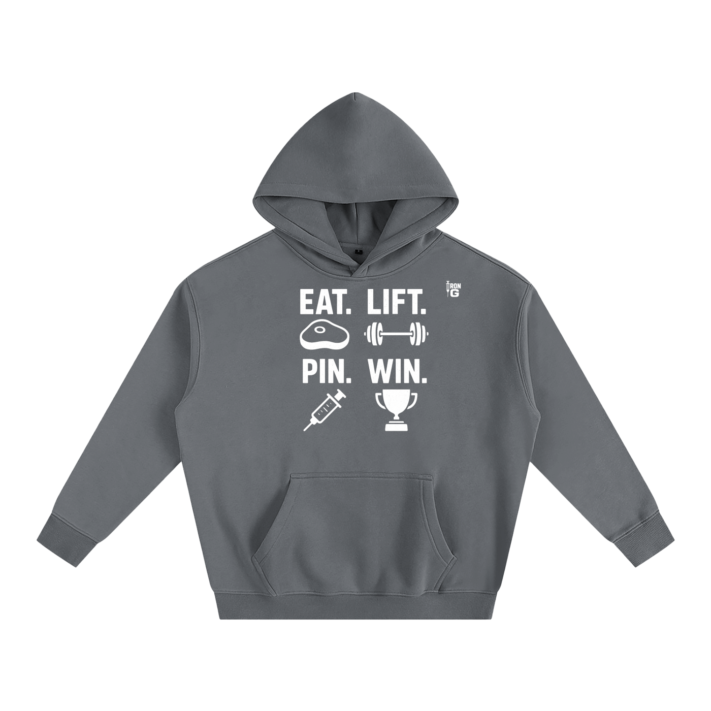 EAT LIFT PIN WIN Oversize Hoodie, white letters