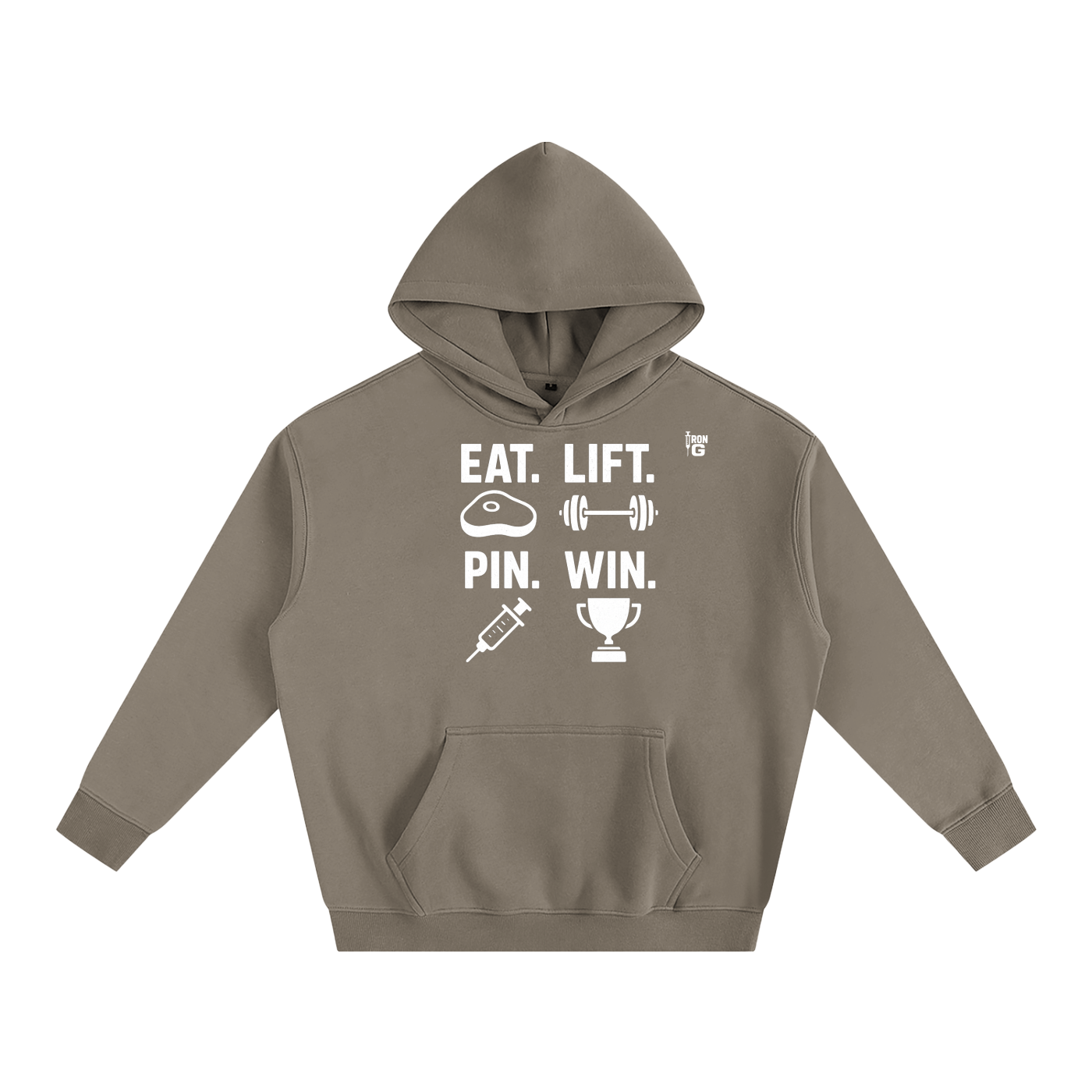 EAT LIFT PIN WIN Oversize Hoodie, white letters