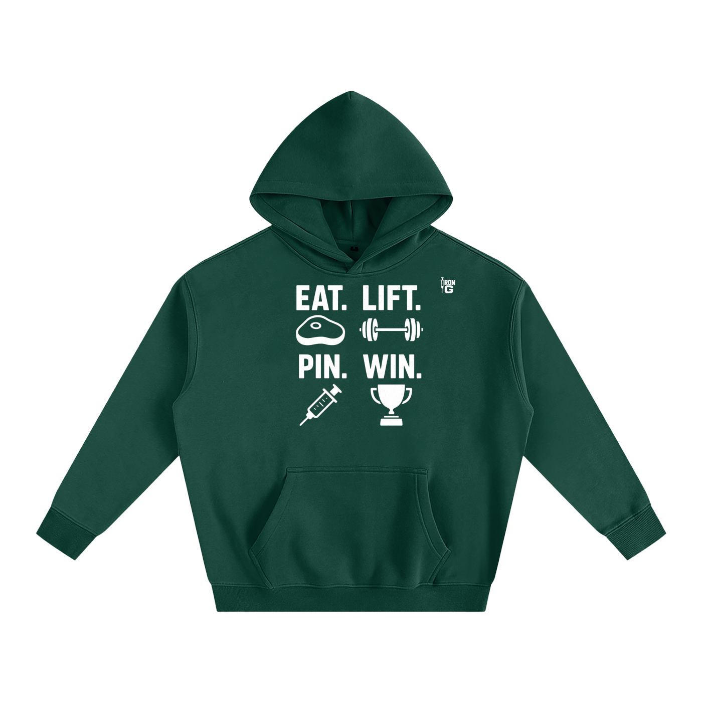 EAT LIFT PIN WIN Oversize Hoodie, white letters