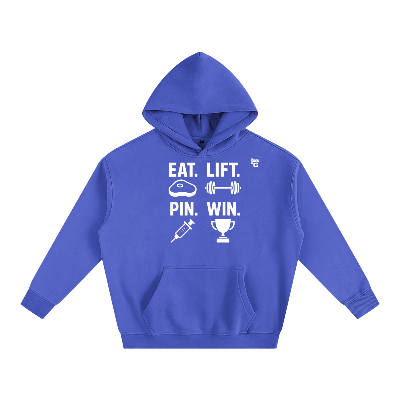 EAT LIFT PIN WIN Oversize Hoodie, white letters