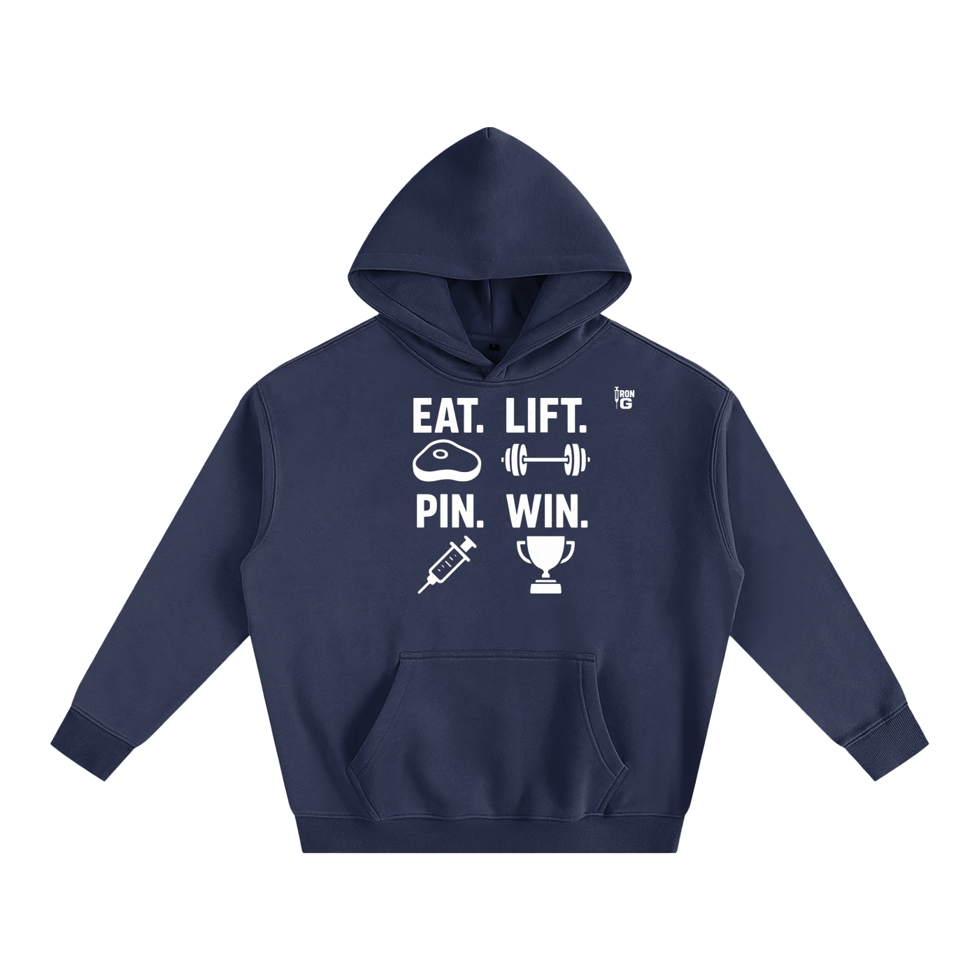 EAT LIFT PIN WIN Oversize Hoodie, white letters