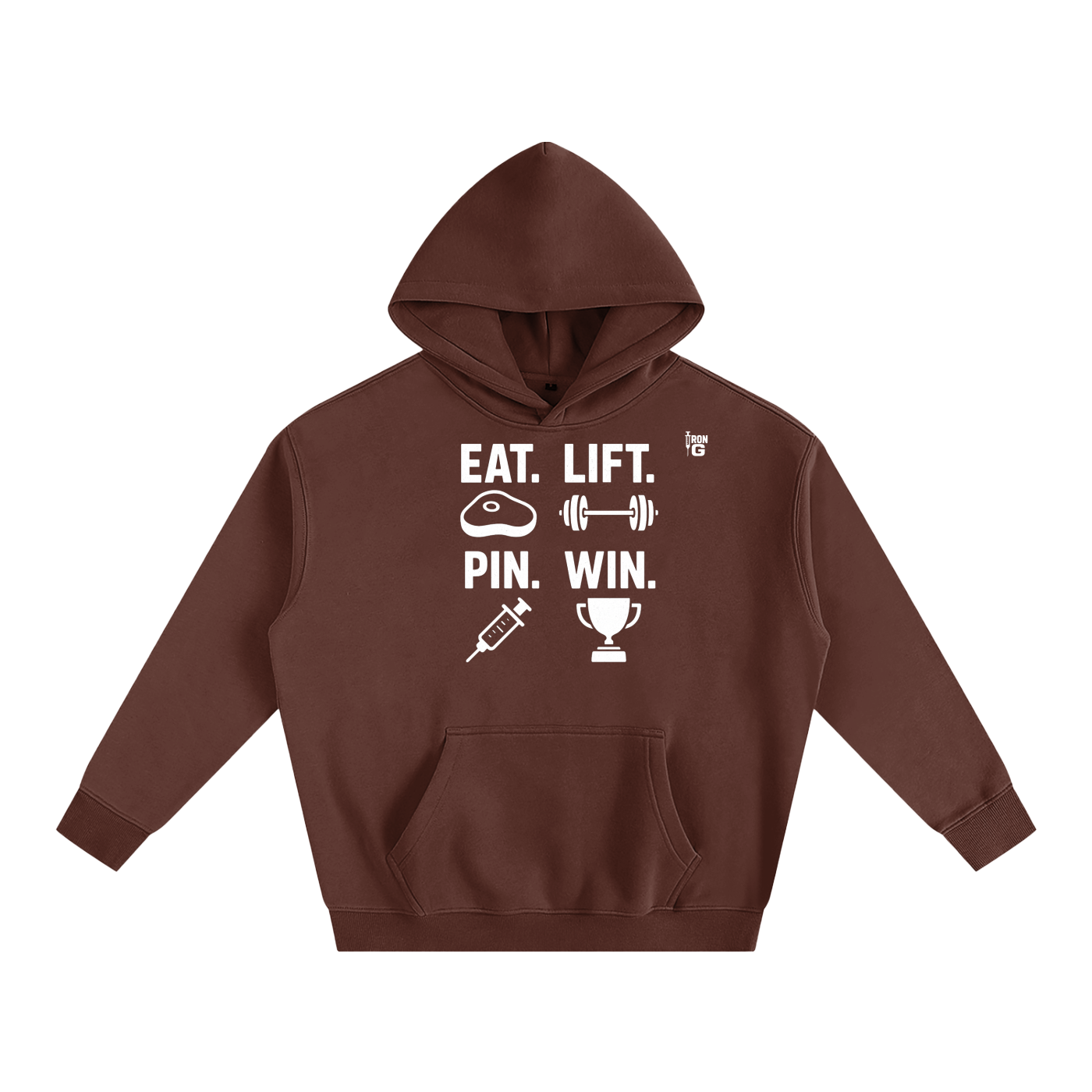 EAT LIFT PIN WIN Oversize Hoodie, white letters