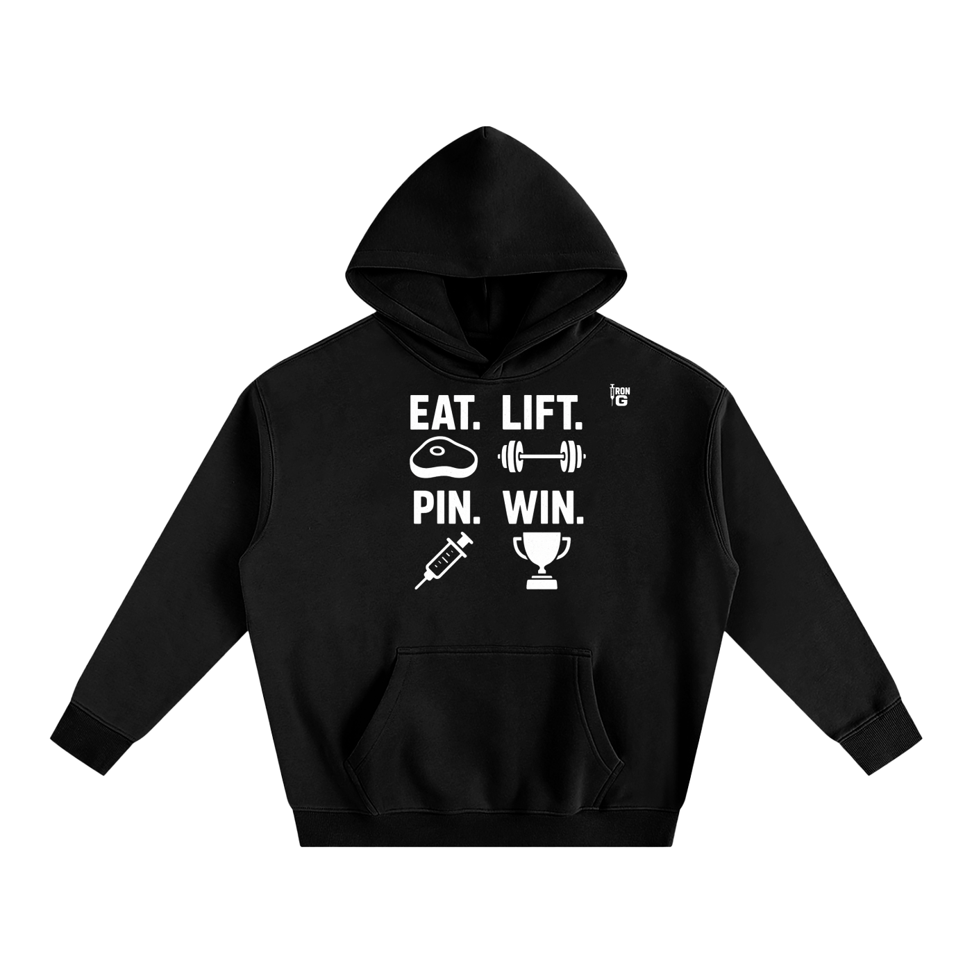 EAT LIFT PIN WIN Oversize Hoodie, white letters